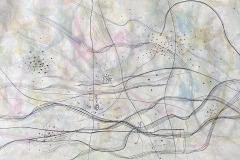 Andrea Wong, Aquatic Accordance. Pale pink, yellow, green and blue water colour lines overlap in an abstract patter that forms a background to thin, black ink lines and dots. The lines sweep over the page and overlap. Some resemble musical staves.