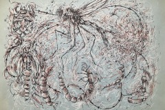 Jason Wright, One Who moves the Hands. A dense line drawing of highly detailel insects including a mosquito, centipedes and beetle. The insects appear in black ink and are both filled in and outlined abstractly in red-brown and cream coloured lines.