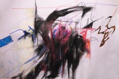Xiaozhi Yi, Red. An abstract drawing of ink, pencil crayon and conte. There is a mosly black, dense object in the centre with the edges smeared. Thin lines at right angles in red and purple are overlaid. There is a blue rectangle protruding to the left and brown, smeared wavy lines to the right.