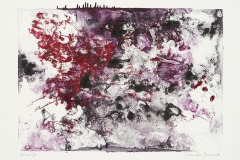 Simonetta Ferrante, Rosso Profondo. An abstract watercolour painting with reds, purples and blacks with dense splotches in the middle and top with more transluscent smatterings towards the edges.